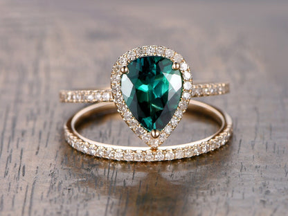 Ensemble de 2 bagues, alliance en émeraude, bague de fiançailles en émeraude taille poire, alliance assortie en diamants, ensemble de mariage, or jaune 14 carats