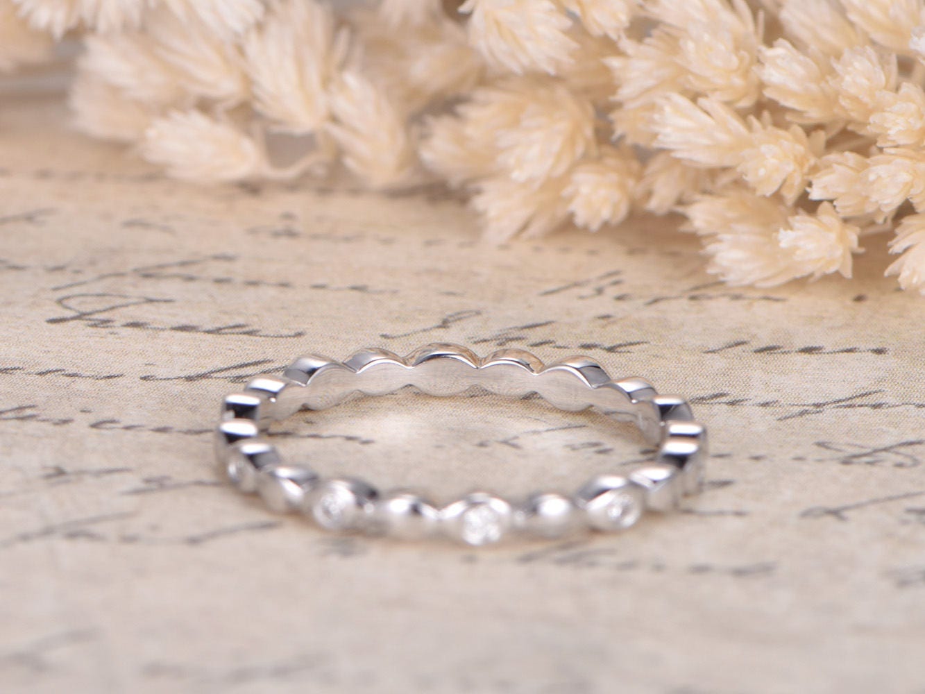 Бриллиантовое обручальное кольцо из цельного белого золота 14K, кольцо-обещание, кольцо в честь годовщины свадьбы, кольцо с бриллиантами по всей окружности, тонкое кольцо.