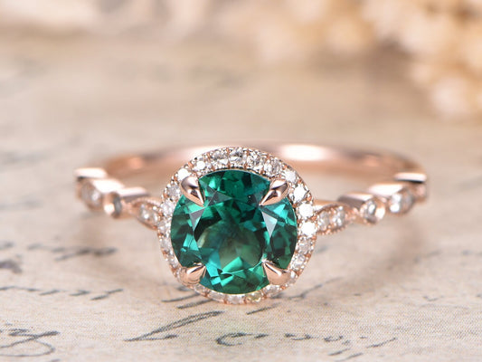 Bague de fiançailles émeraude en or rose 14 carats, bague émeraude, bague pierre de naissance de mai, bague halo diamant émeraude, anneau marquise, bague émeraude 7 mm, anneau diamant