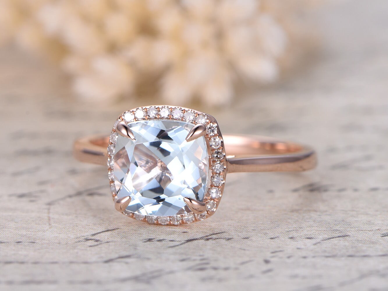 8mm-cushion-cut-aquamarine-engagement-ring-14k-rose-gold-diamond-halo-plain-band-design-march-birthstone