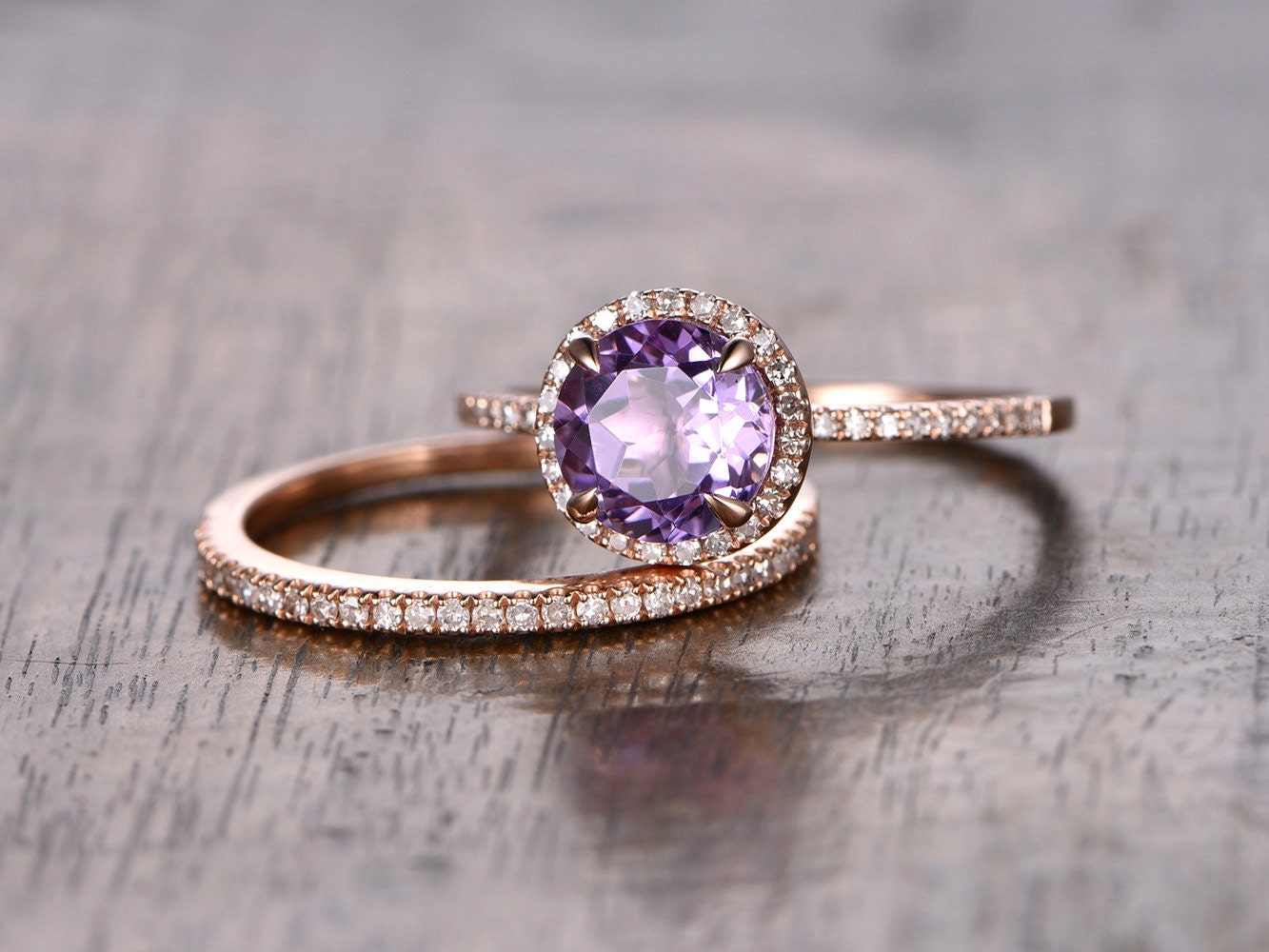 6.5mm Round Cut Amethyst Engagement Ring 2pcs 14K Rose Gold Half Eternity Band Design
