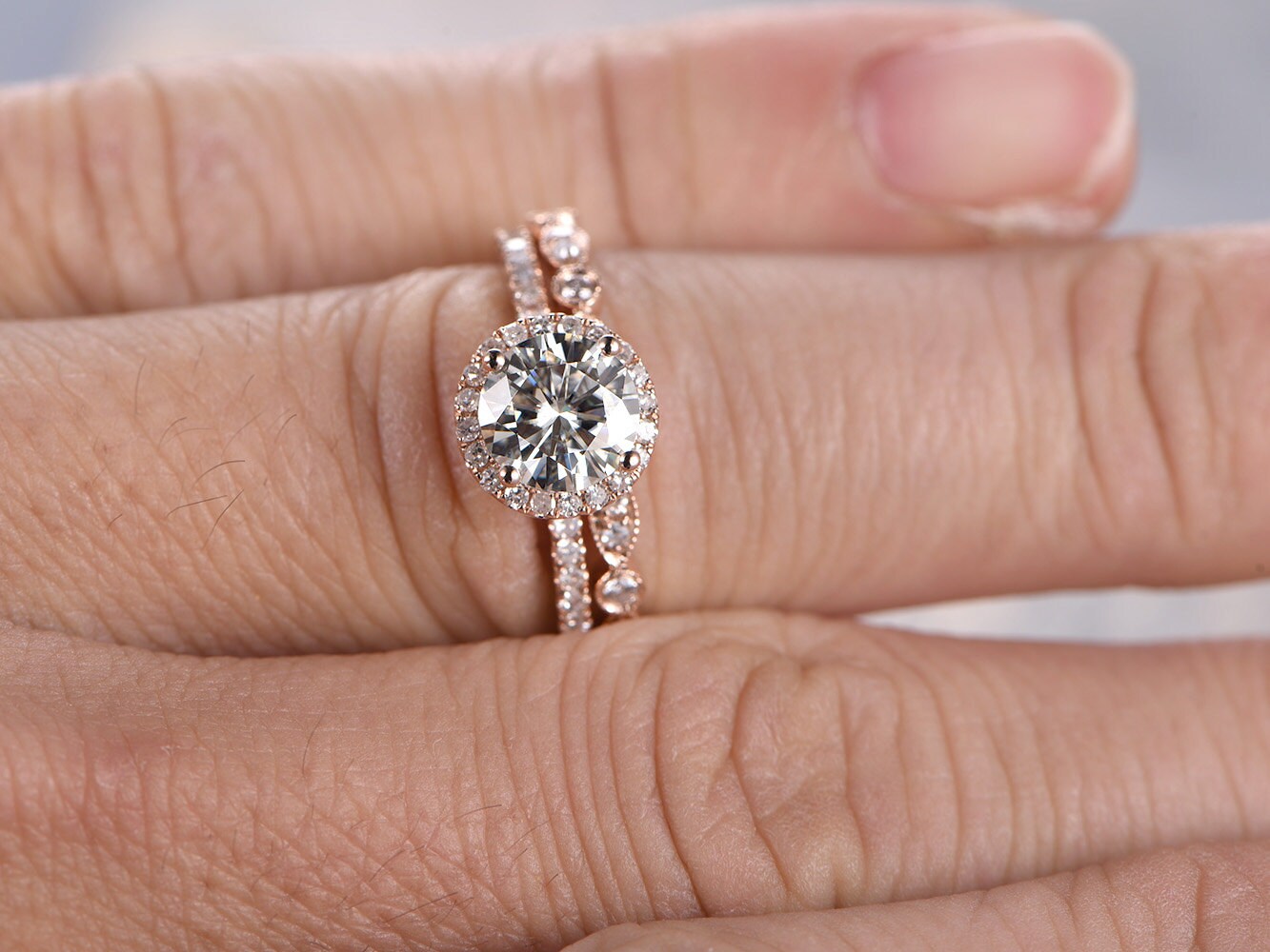 7mm-round-cut-moissanite-engagement-ring-set-2pcs-solid-14k-rose-gold-diamond-halo-half-eternity-art-deco-matching-band