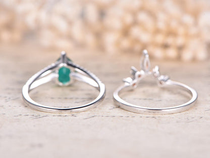 5x7mm Pear Cut Emerald Engagement Ring Set 2pcs 14K White Gold Diamond Split Shank | Topaz Curved Matching Band