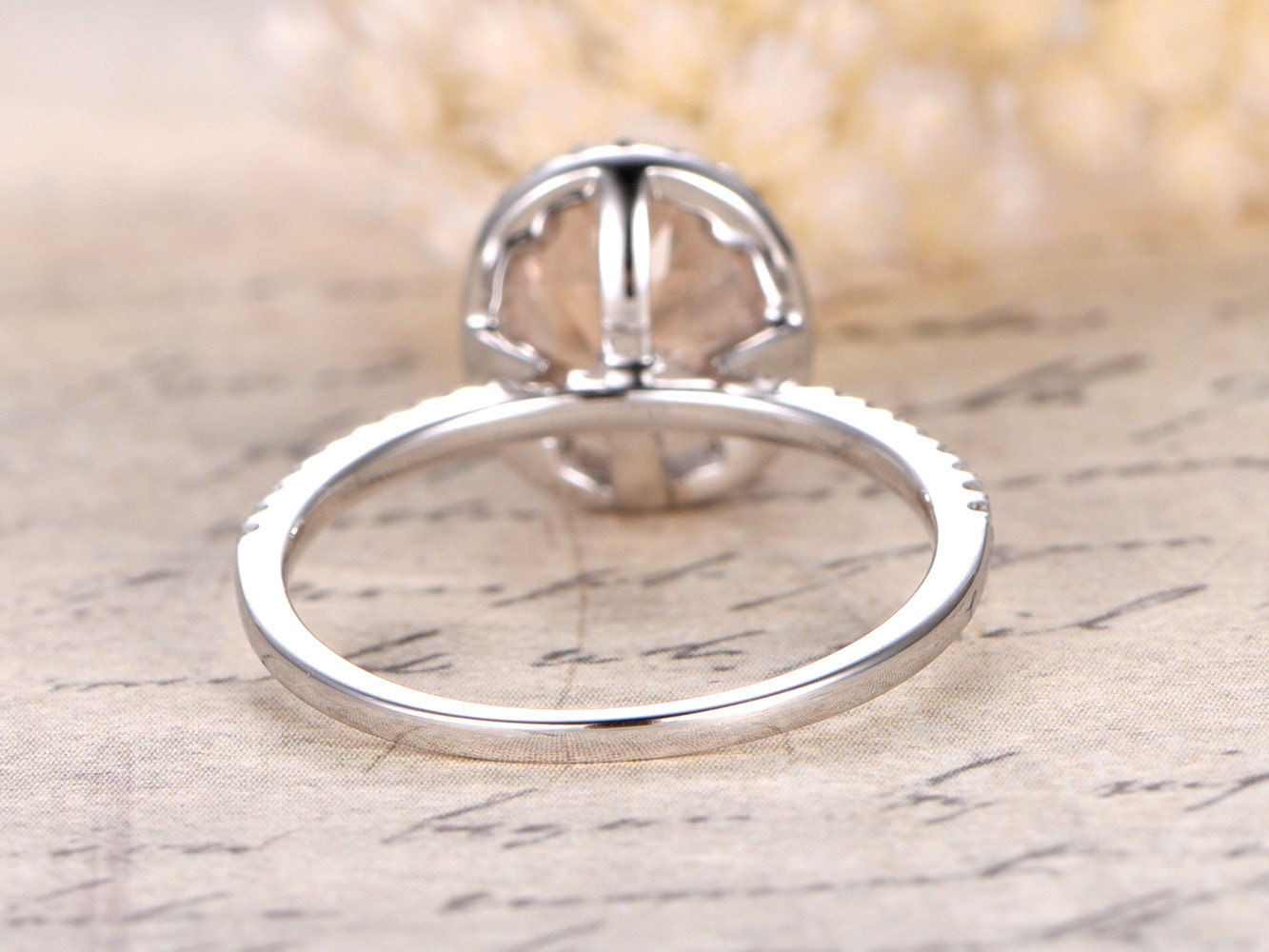 6x8mm Oval Cut Morganite Engagement Ring 14K White Gold Diamond Halo Design Half Eternity