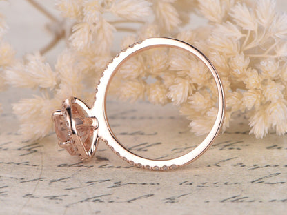 Bague de fiançailles halo en morganite ovale 6*8 mm, alliance en or rose 14 carats sertie de diamants pavés, griffes, bague pour femme