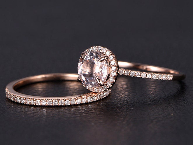 Bague de fiançailles en morganite ronde de 7 mm, alliance en or rose 14 carats massif avec diamants, style Art déco.