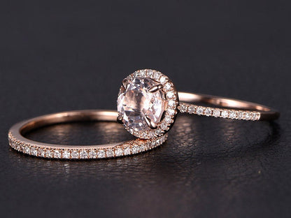 Bague de fiançailles en morganite ronde de 7 mm, alliance en or rose 14 carats massif avec diamants, style Art déco.