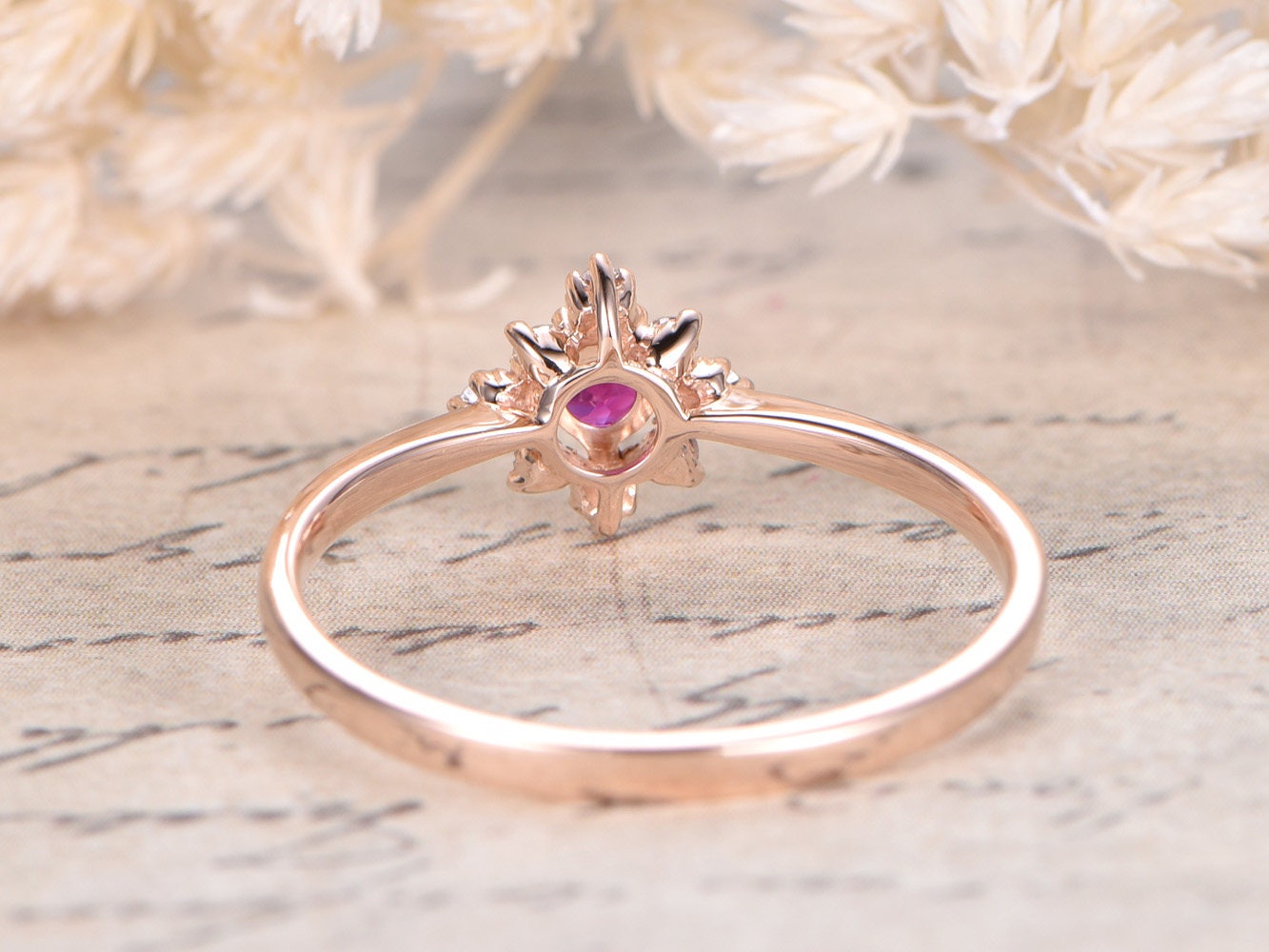 Bague de fiançailles en or rose 14 carats massif avec saphir rose VS, alliance en diamant, anneau simple, bague de promesse, bague de fiançailles délicate