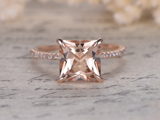 Bague de fiançailles en morganite, or rose, solitaire morganite sertie de diamants pavés, alliance en morganite taille princesse 8 mm, bague vintage pour femme