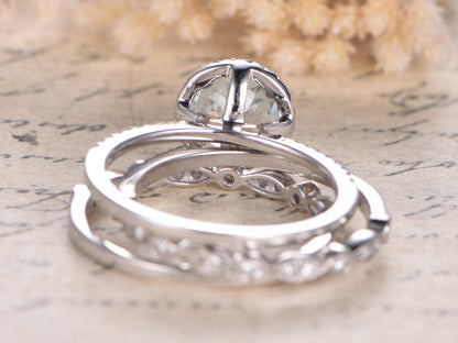 Ensemble de bague de fiançailles en aigue-marine, alliance en or blanc 14 carats avec diamants et halo, bague solitaire en aigue-marine 7 mm, ensemble de bagues de mariée décoratives (3 pièces).