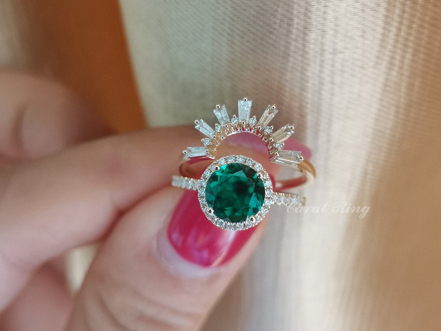 Bague de fiançailles en émeraude, bague en émeraude ronde de 7 mm, alliance VintageCrown en diamants, ensemble de 2 bagues en or rose 14 carats, bague d'anniversaire