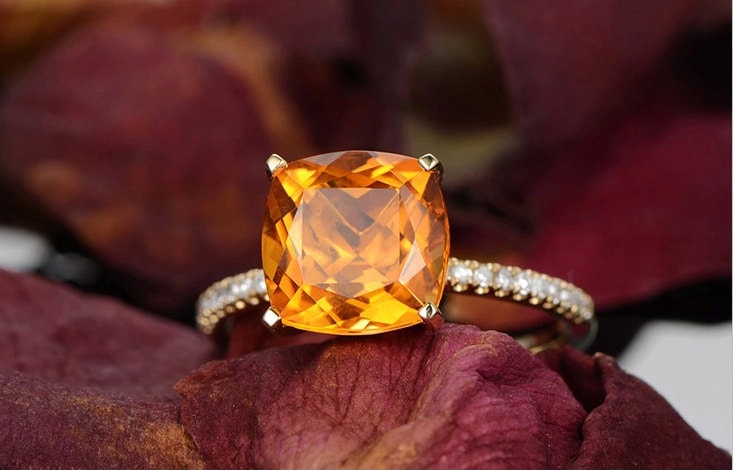 7mm Cushion Cut Citrine Engagement Ring 14K Yellow Gold Solitaire Diamond Half Eternity