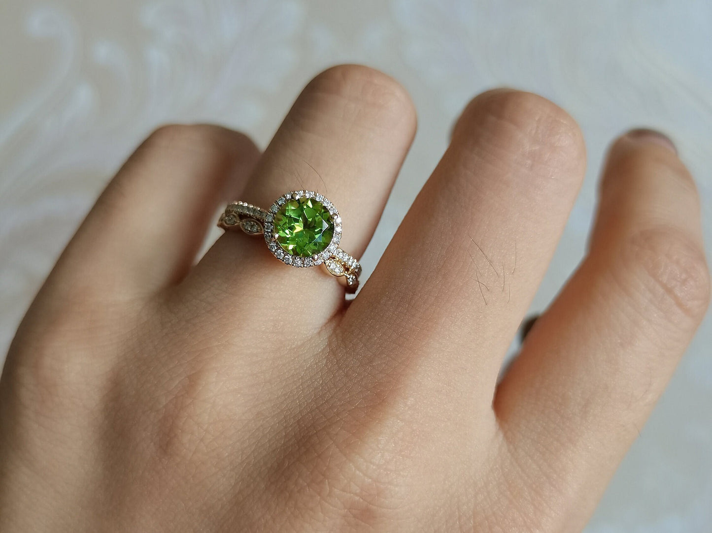 7mm Round Cut Peridot Engagement Ring Set 2pcs Diamond Halo | Diamond Art Deco Matching Band