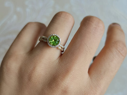 7mm Round Cut Peridot Engagement Ring Set 2pcs Diamond Halo | Diamond Art Deco Matching Band