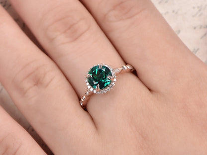 Bague de fiançailles émeraude en or rose 14 carats, bague émeraude, bague pierre de naissance de mai, bague halo diamant émeraude, anneau marquise, bague émeraude 7 mm, anneau diamant