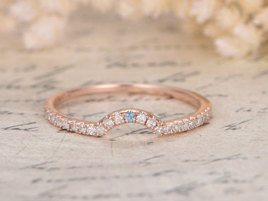 Alliance incurvée, Demi-alliance, Alliance d'anniversaire, Alliance en diamants, Alliance en topaze bleue, Art déco, Or rose 14 carats, Bague incurvée