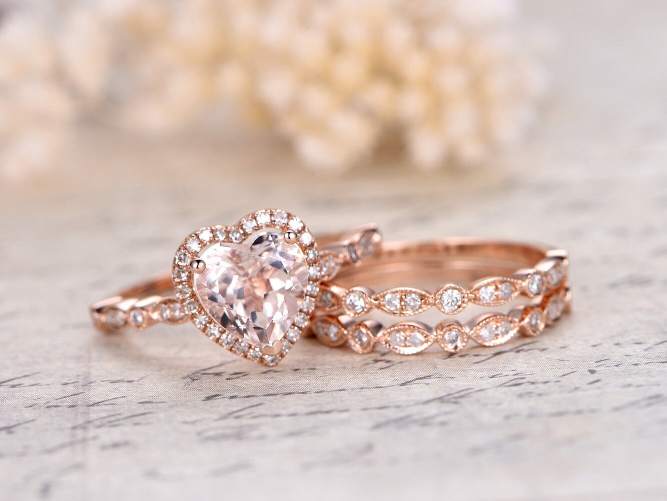 8mm Heart Cut Morganite Engagement Ring Set 3pcs 14K Rose Gold Diamond Halo | Two Art Deco Matching Band