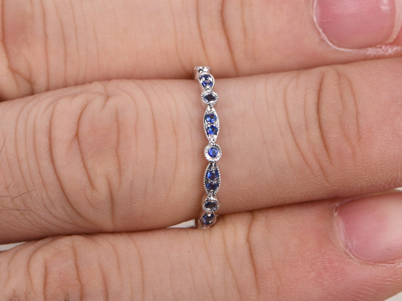 sapphire-wedding-band-art-deco-half-eternity-band-milgrain-band-14k-white-gold