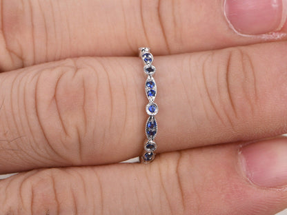 sapphire-wedding-band-art-deco-half-eternity-band-milgrain-band-14k-white-gold