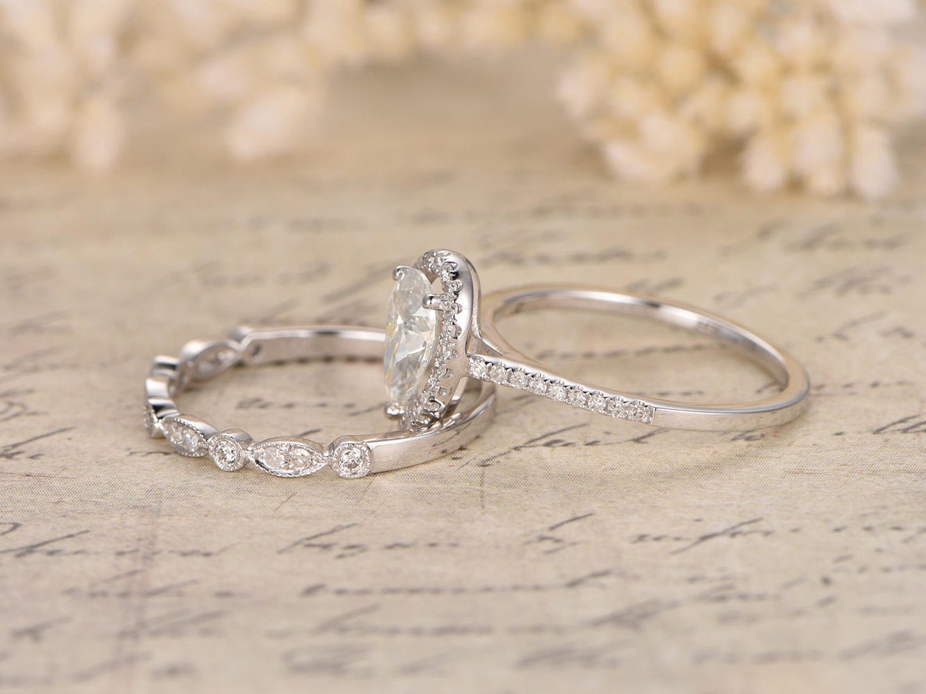 5x7mm-pear-cut-moissanite-engagement-ring-set-2pcs-14k-white-gold-diamond-halo-art-deco-band