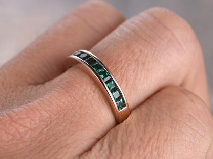 Bague de fiançailles émeraude taille princesse en or rose 14 carats, bague émeraude pierre de naissance de mai, bague de fiançailles émeraude sertie Chanel, alliance