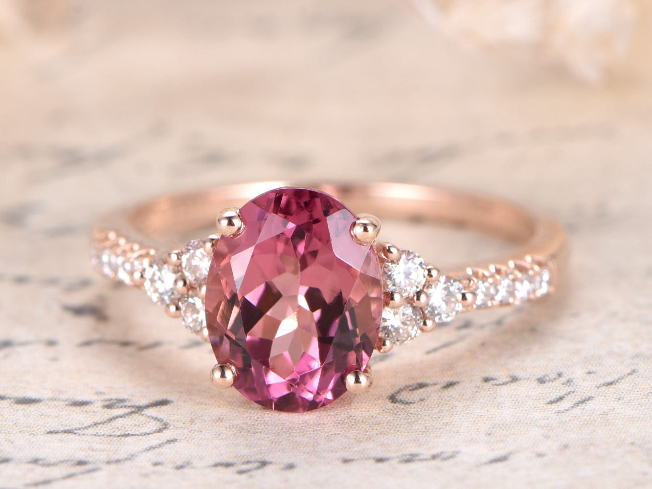 7x9mm Oval Tourmaline Engagement Ring 14K Rose Gold Diamond Floral Design