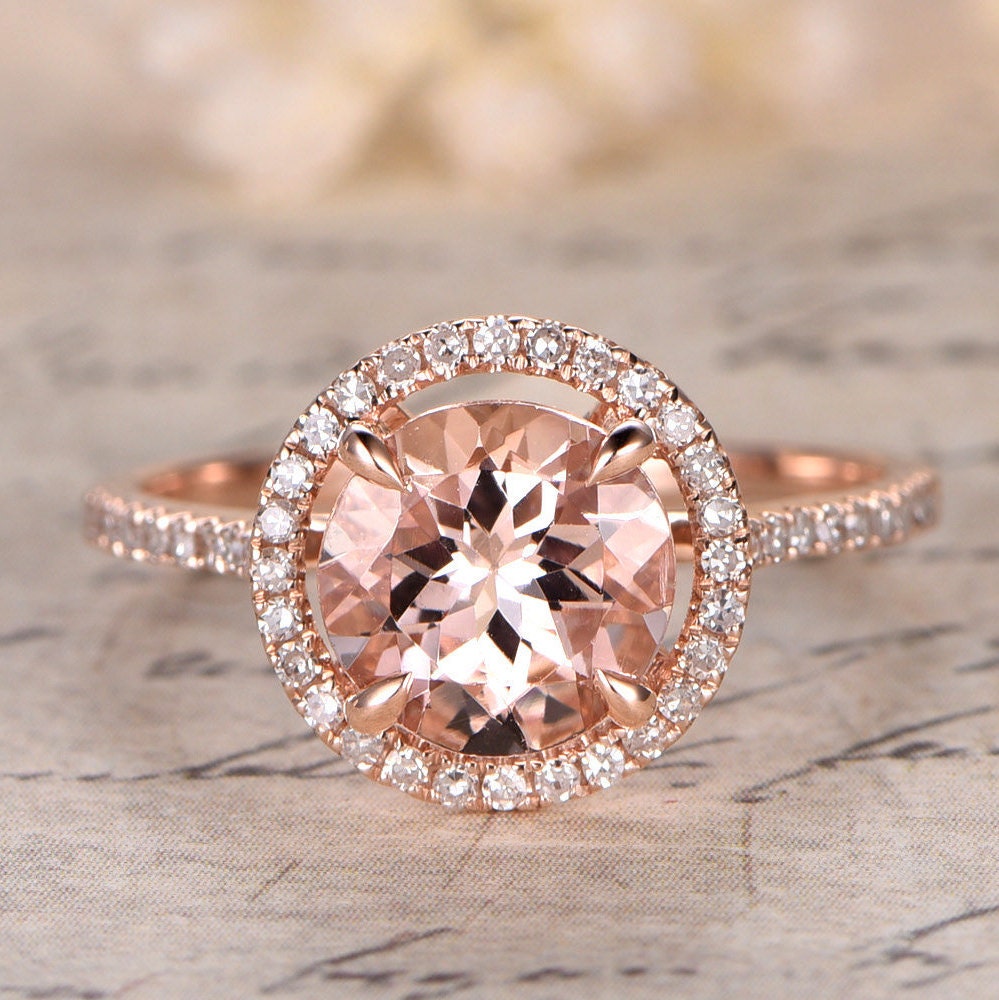 Bague de fiançailles en or rose avec morganite de 8 mm, alliance pavée de diamants, bague de fiançailles avec halo de diamants, bague en morganite rose, bague de mariée en morganite