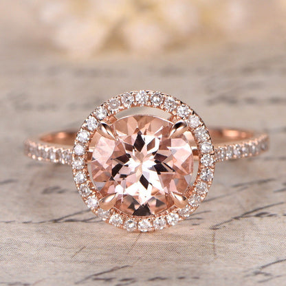 Bague de fiançailles en or rose avec morganite de 8 mm, alliance pavée de diamants, bague de fiançailles avec halo de diamants, bague en morganite rose, bague de mariée en morganite