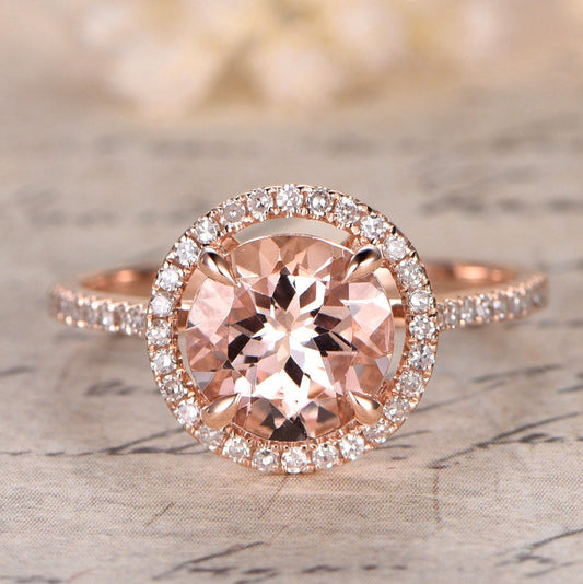 Bague de fiançailles en or rose avec morganite de 8 mm, alliance pavée de diamants, bague de fiançailles avec halo de diamants, bague en morganite rose, bague de mariée en morganite