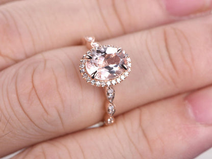Bague en or rose 14 carats sertie de diamants pavés, alliance, bague de promesse, bague de fiançailles, morganite rose, diamant taille marquise, bague de fiançailles ovale en morganite 7x9mm