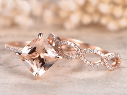 Bague en morganite naturelle VS, or rose, diamants, alliance, anneau fendu, bague de fiançailles solitaire en morganite de 8 mm, demi-alliance.