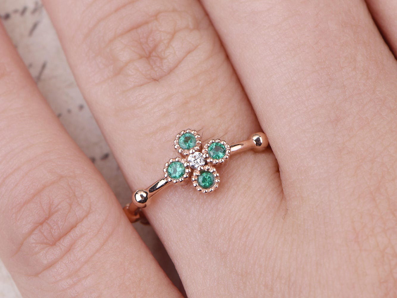 Bague de fiançailles en émeraude, alliance en or rose massif 14 carats avec diamants, bague en bambou, bague de fiançailles Art déco à motif floral, bague de promesse
