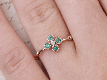 Bague de fiançailles en émeraude, alliance en or rose massif 14 carats avec diamants, bague en bambou, bague de fiançailles Art déco à motif floral, bague de promesse