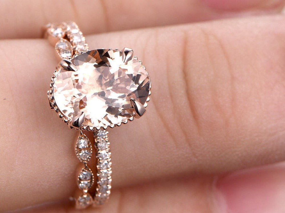 9x11mm Oval Cut Morganite Engagement Ring Set 2pcs 14K Rose Gold Diamond Half Eternity Solitaire | Thin Matching Band