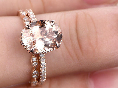 9x11mm Oval Cut Morganite Engagement Ring Set 2pcs 14K Rose Gold Diamond Half Eternity Solitaire | Thin Matching Band