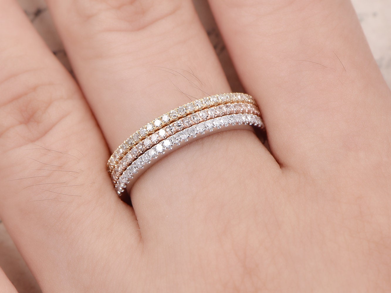 Ensemble de bagues en diamants, alliance sertie de diamants sur toute l'éternité, bague de fiançailles en or blanc 14 carats, ensemble de 3 bagues de mariage, bague d'anniversaire