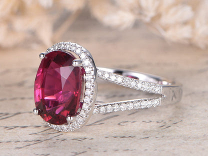 9x11mm Oval Cut Ruby Engagement Ring 14K White Gold Diamond Halo Split Shank Design