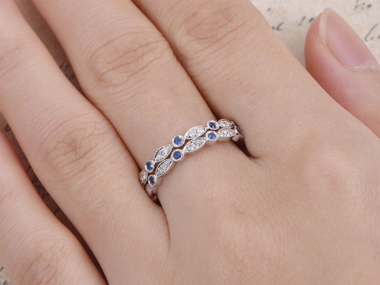 sapphire-wedding-band-set-2pcs-14k-white-gold-diamond-half-eternity