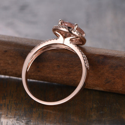 8x10mm Oval Cut Morganite Engagement Ring 14K Rose Gold Diamond Split Shank Halo Design