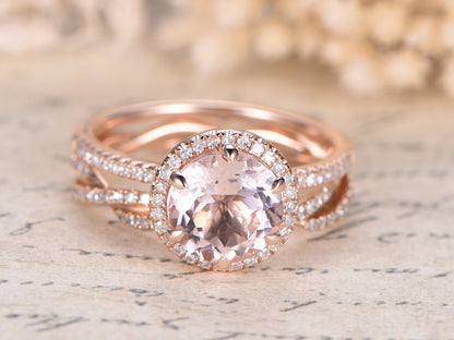 8mm-round-cut-morganite-engagement-ring-set-2pcs-14k-rose-gold-diamond-halo-design-full-eternity-infinity-matching-band