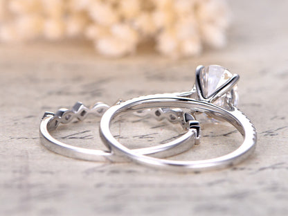 Ensemble de bagues en moissanite ovale 6x8, bague de fiançailles vintage en or blanc 14 carats massif et moissanite, 2 alliances en diamant, demi-alliance en diamant
