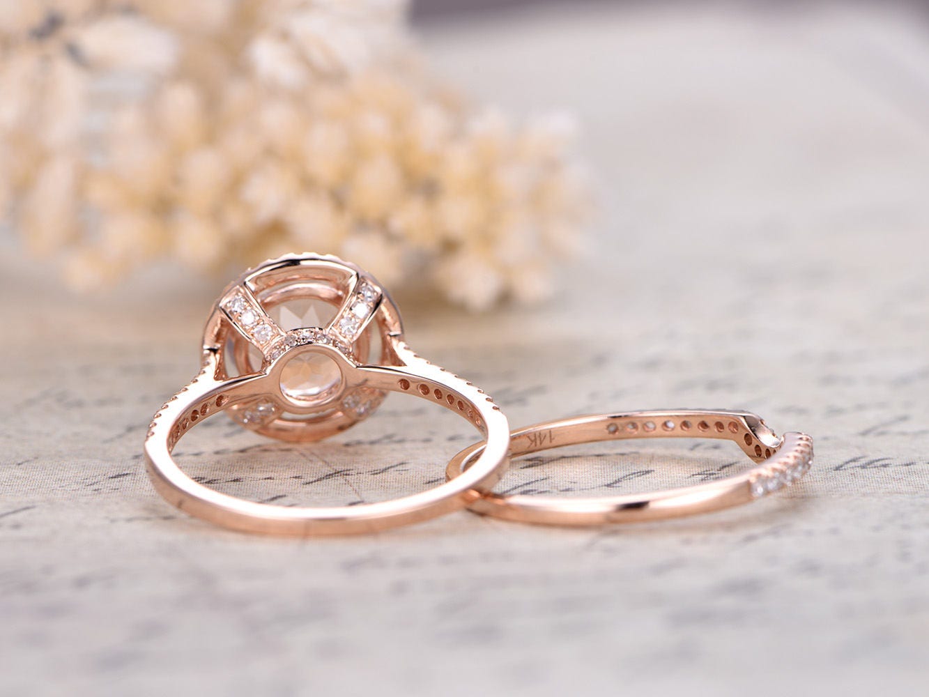 8mm-round-cut-morganite-engagement-ring-set-2pcs-14k-rose-gold-diamond-halo-design-curved-band-half-eternity