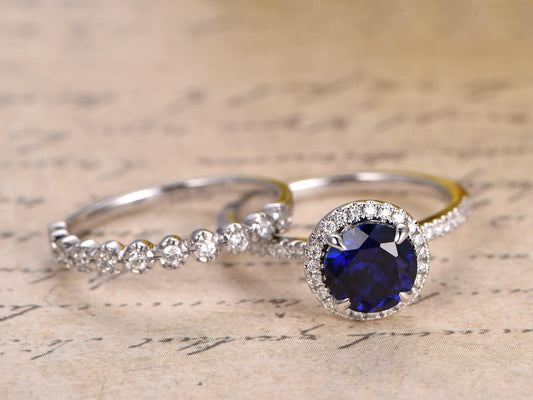 7mm Round Cut Blue Sapphire Engagement Ring Set 2pcs 14K White Gold Diamond Halo | Art Deco Matching Band