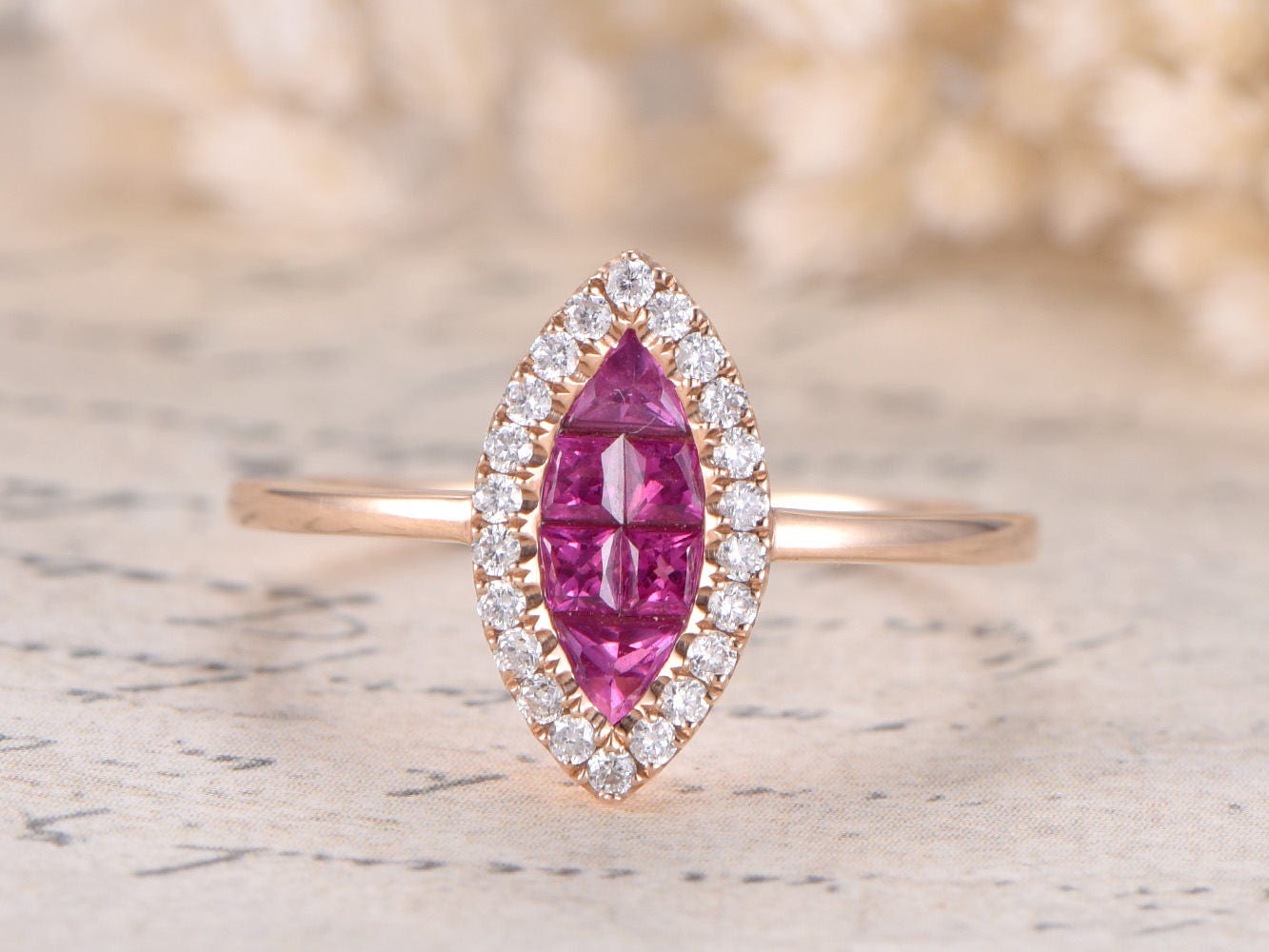 Bague de fiançailles en or rose 14 carats massif avec rubis rouge naturel VS, alliance avec diamants HALO, bague de promesse, bague de fiançailles délicate