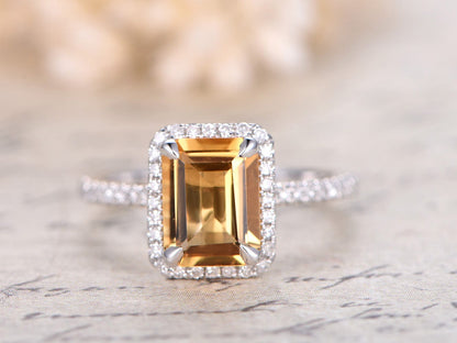 6x8mm Emerald Cut Citrine Engagement Ring 14K White gold Diamond Halo Half Eternity