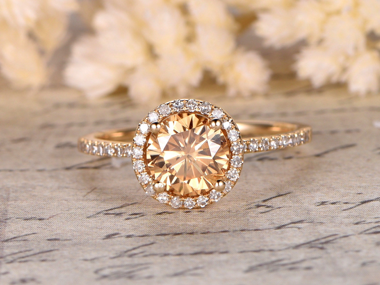 Bague de fiançailles en moissanite champagne, halo de diamants de 6,5 mm, or jaune 14 carats, bague de fiançailles et alliance assorties, style vintage