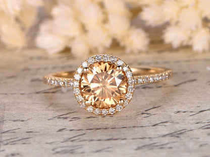 Bague de fiançailles en moissanite champagne, halo de diamants de 6,5 mm, or jaune 14 carats, bague de fiançailles et alliance assorties, style vintage