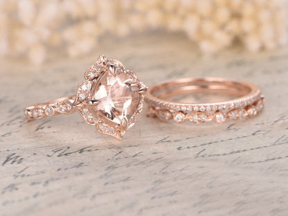 8mm-cushion-cut-morganite-engagement-ring-set-3pcs-solid-14k-rose-gold-halo-diamond-band-1-thin-band-1-art-deco-band