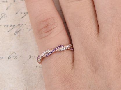 Diamond & Amethyst Wedding Band Full Eternity 14K Rose Gold Twist Design