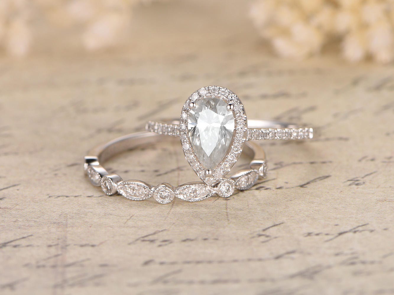 5x7mm-pear-cut-moissanite-engagement-ring-set-2pcs-14k-white-gold-diamond-halo-art-deco-band